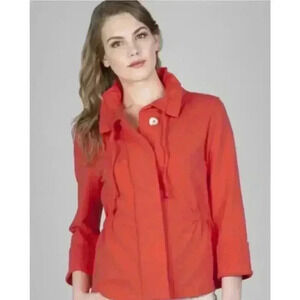 Lilla P. Ruffle Neck Cotton Blend Jacket with Cinched Waist Color Poppy Size XL